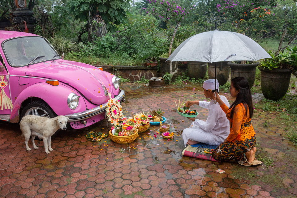 Offerings laid out on wet paving beside a pink Volkswagen, umbrellas up.